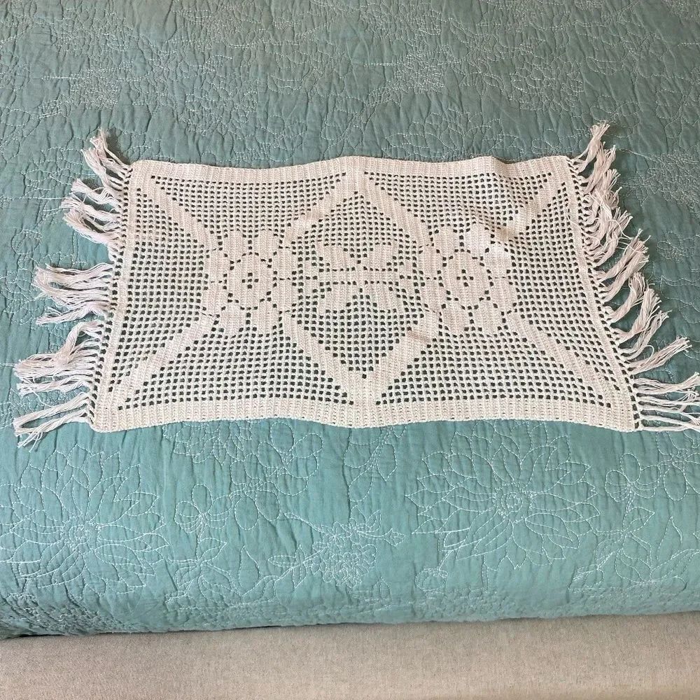 Table Topper hand made crochet cream with fringe Doily rectangle